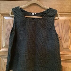 Eileen Fisher Green/Black Checked Linen Tank Top